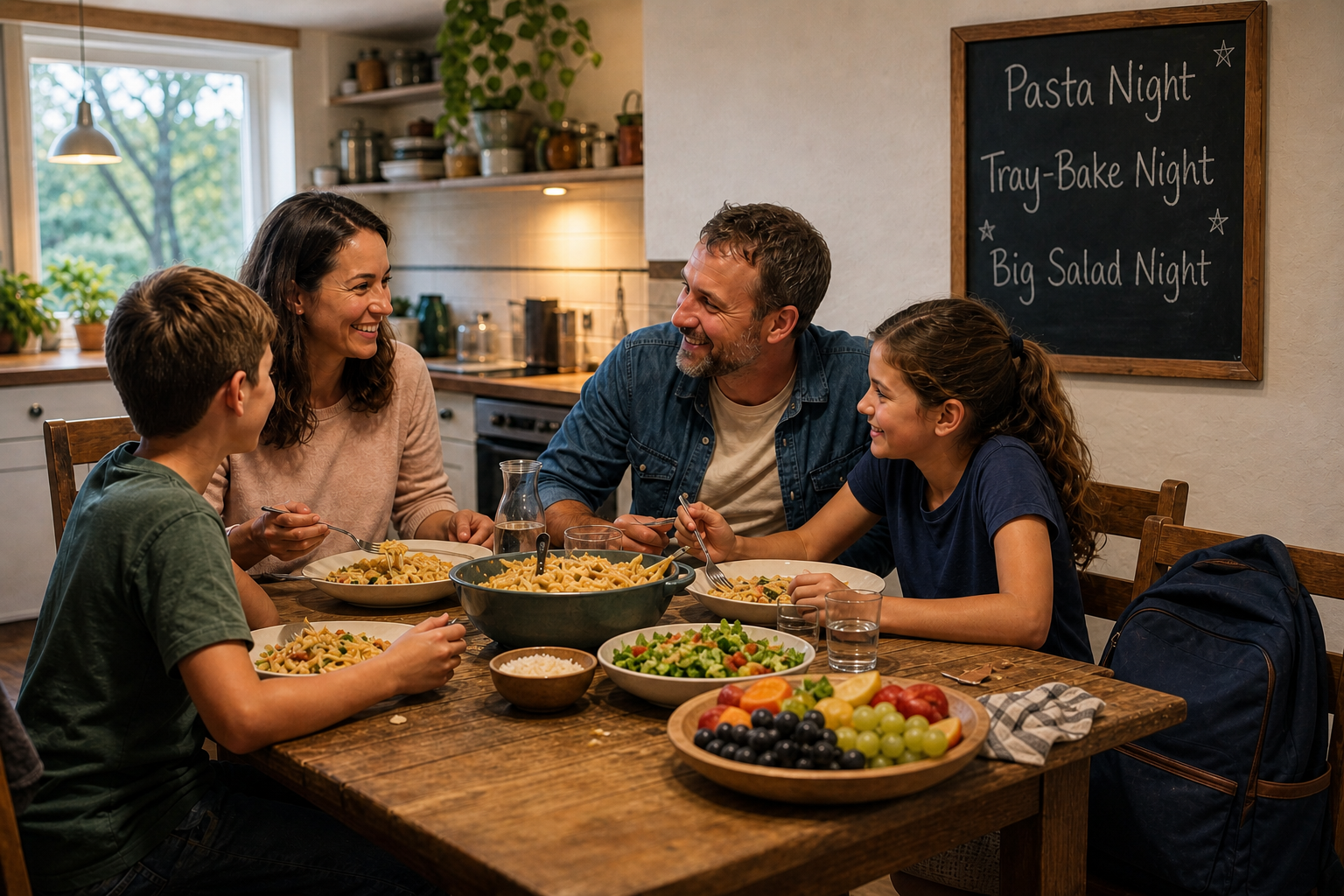 Een gezin van vier personen dat aan de keukentafel pasta eet, met achter hen een krijtbord waarop ‘Tray-Bake Night’ en ‘Big Salad Night’ staat.