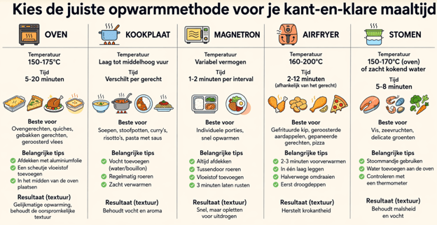 Infografiek over het opwarmen van kant-en-klare maaltijden met oven, kookplaat, magnetron, airfryer en stomen, inclusief temperatuur, tijd en tips voor voedselveiligheid (74°C).