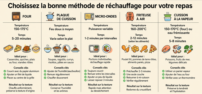 Infographic on reheating prepared meals using an oven, stovetop, microwave, air fryer, and steam cooking, including temperatures, times, and food safety tips (74°C).