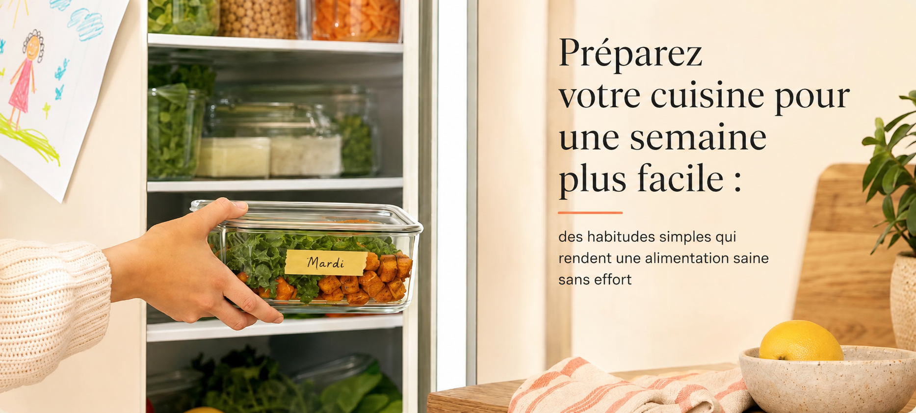 Réfrigérateur organisé avec un repas préparé et des aliments frais pour faciliter les repas de la semaine.
