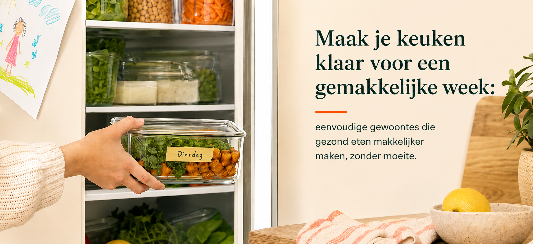 Georganiseerde koelkast met verse ingrediënten en een voorbereide maaltijd voor een gezonde en makkelijke week.