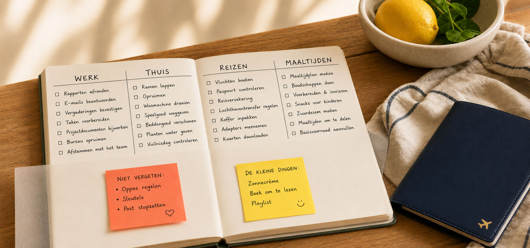 Een open notitieboek met een Nederlandstalige checklist voor werk, thuis, reizen en maaltijden ligt op een houten tafel naast een paspoort, kleurrijke post-its en een kom met een citroen.