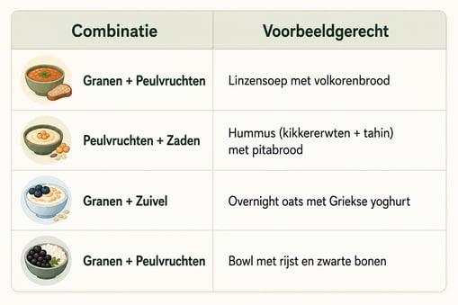 Tabel met complementaire eiwitcombinaties voor vegetariërs, waaronder granen met peulvruchten, peulvruchten met zaden en granen met zuivel. De tabel bevat ook voorbeelden van maaltijden zoals linzensoep met volkorenbrood, hummus met pitabrood, overnight oats met Griekse yoghurt en een rijstbowl met zwarte bonen.