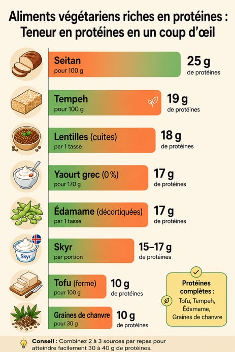 Infographie présentant les principales sources de protéines végétariennes et leur teneur en protéines par portion, notamment le seitan, le tempeh, les lentilles, le yaourt grec, l’édamame, le skyr, le tofu et les graines de chanvre. Le graphique met également en évidence les protéines complètes et propose un conseil pour atteindre 30 à 40 g de protéines par repas.