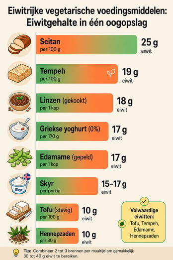 Infographic met de belangrijkste vegetarische eiwitbronnen en hun eiwitgehalte per portie, waaronder seitan, tempeh, linzen, Griekse yoghurt, edamame, skyr, tofu en hennepzaden. De afbeelding benadrukt ook volwaardige eiwitten en geeft een tip om eenvoudig 30 tot 40 gram eiwit per maaltijd te bereiken.