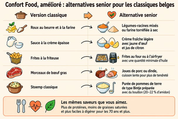 nfographie comparant des plats réconfortants belges classiques à des alternatives adaptées aux seniors, avec davantage de protéines, moins de graisses saturées et une meilleure digestibilité pour les personnes de 70 ans et plus.