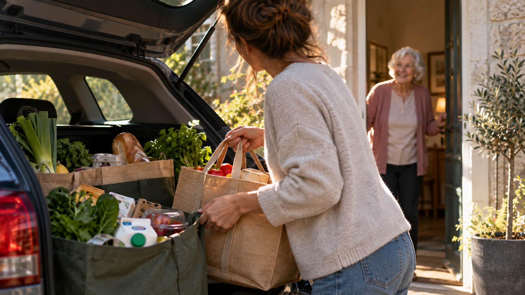Une femme décharge les courses du coffre de sa voiture lors d’une visite à sa mère âgée qui habite plus loin.
