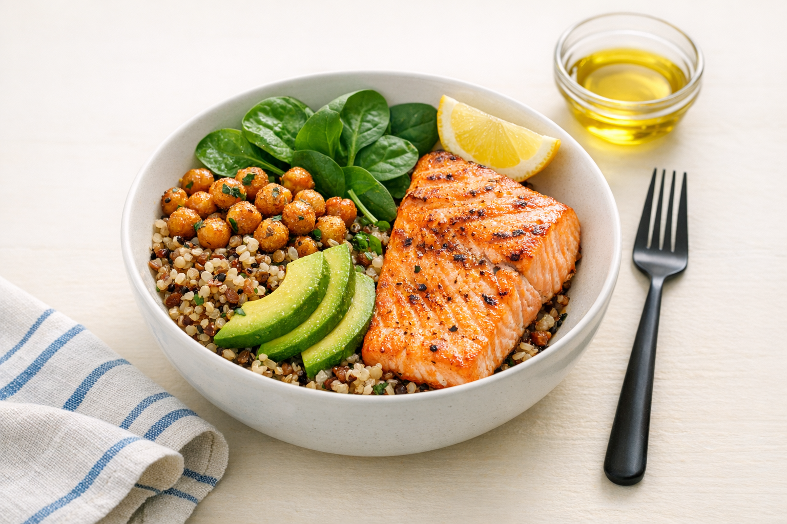 gegrilde zalm met groene bonen en volkoren granen uitgebalanceerde eiwit- en vezelmaaltijd