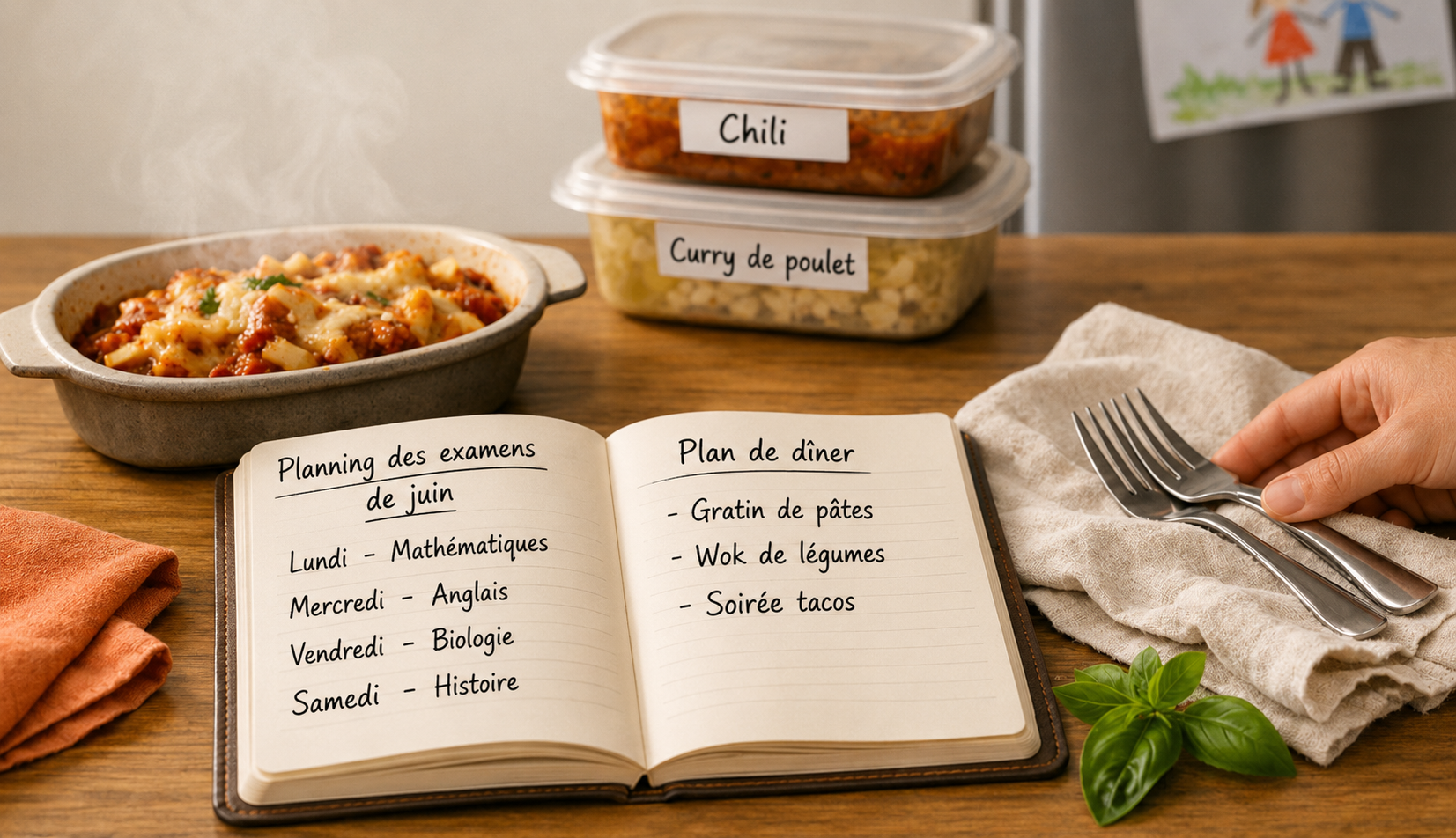 Table de cuisine avec plat chaud, boîtes repas préparées et carnet ouvert montrant un planning d’examens de juin et un plan de repas.