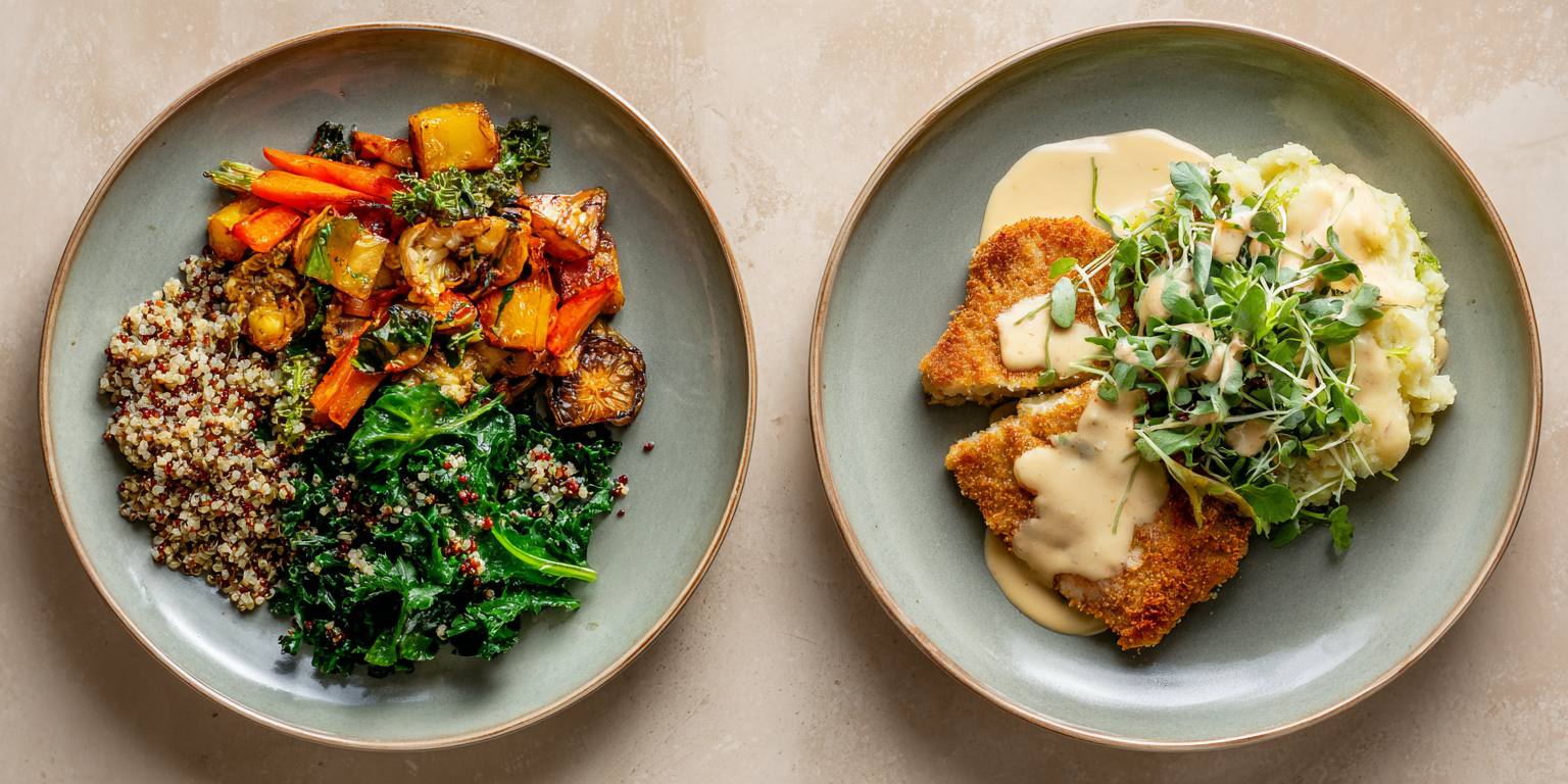 Two plates on a neutral background, top-down view. One features a healthy meal with quinoa, roasted vegetables, and leafy greens; the other shows a comfort dish with mashed potatoes, schnitzel, creamy sauce, and microgreens.