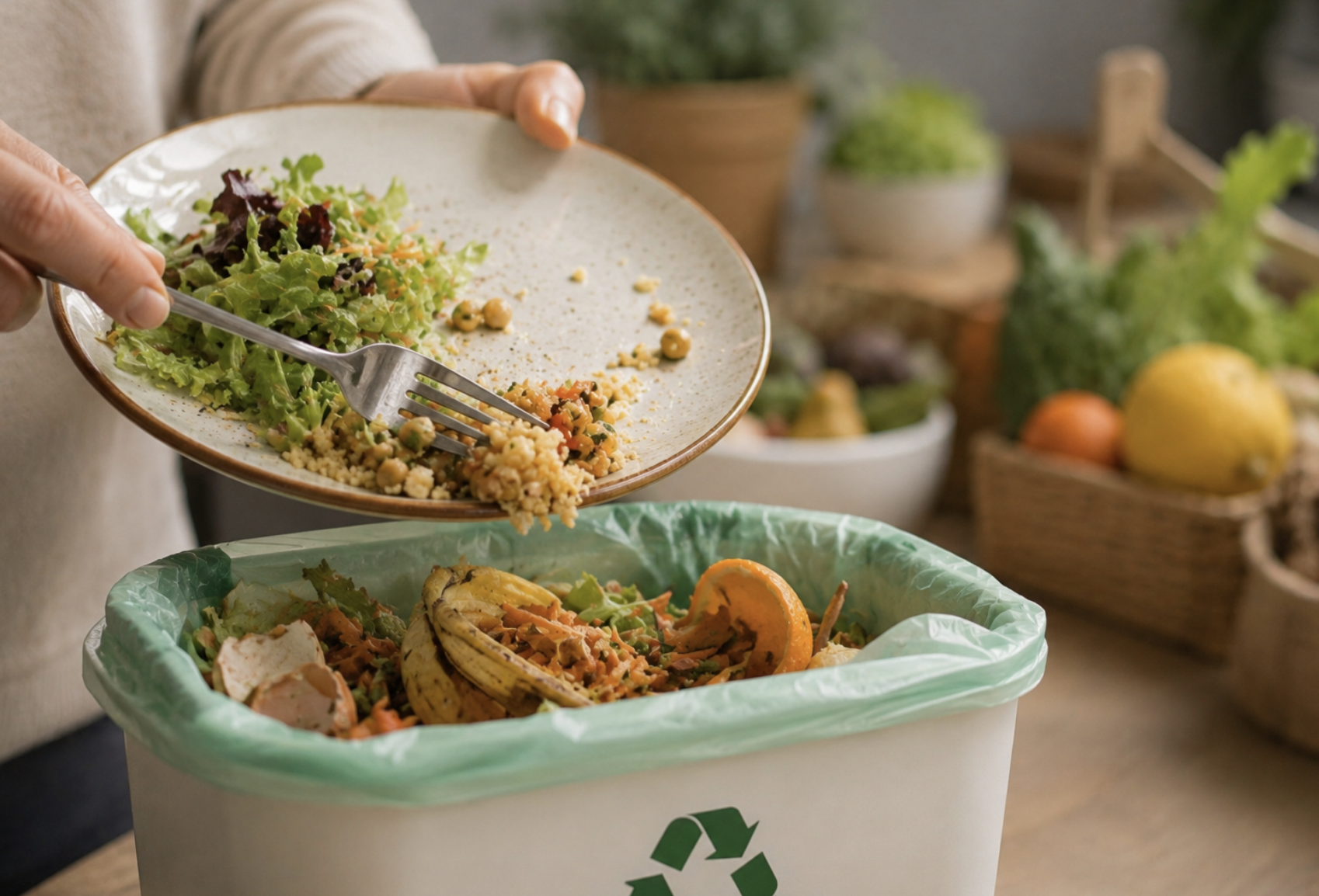 Person throwing food leftovers into a kitchen compost bin, illustrating household food waste and the importance of reducing food waste through better meal planning and portion control.