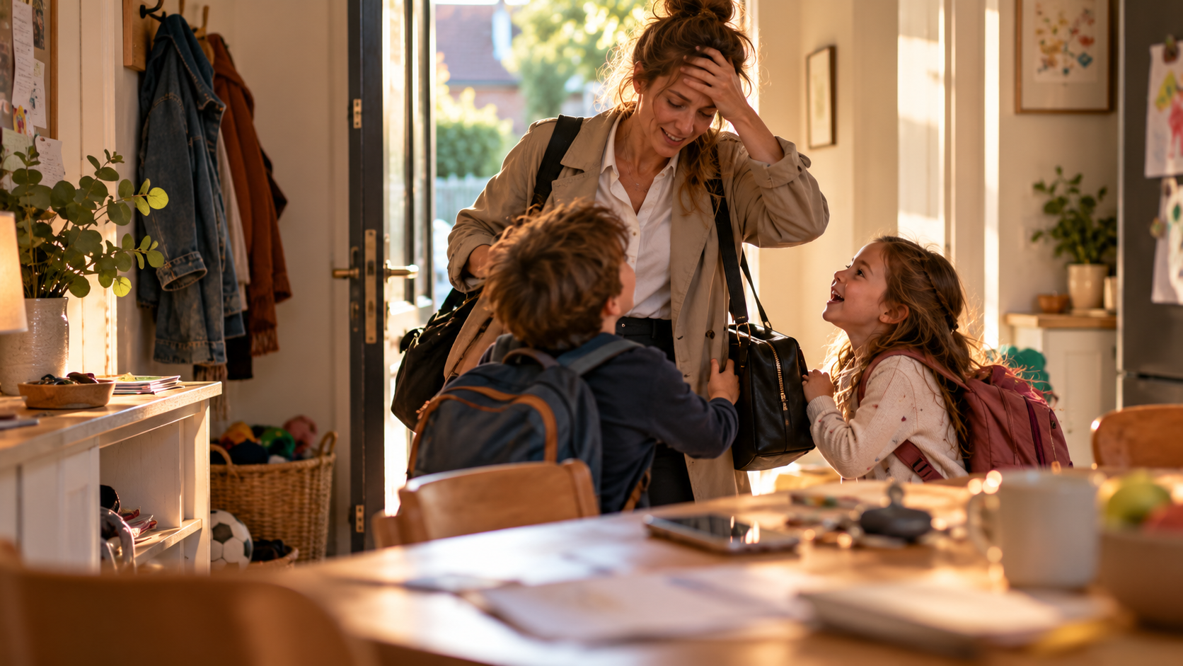 Une mère fatiguée rentre du travail et retrouve ses deux enfants qui l'accueillent avec enthousiasme dans une cuisine familiale animée.