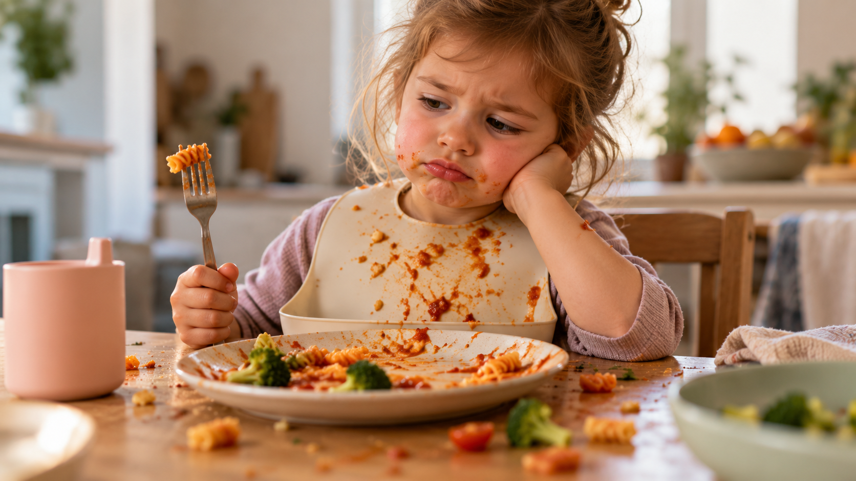 Jeune enfant avec un bavoir peu enthousiaste devant une assiette de pâtes et de légumes à table.